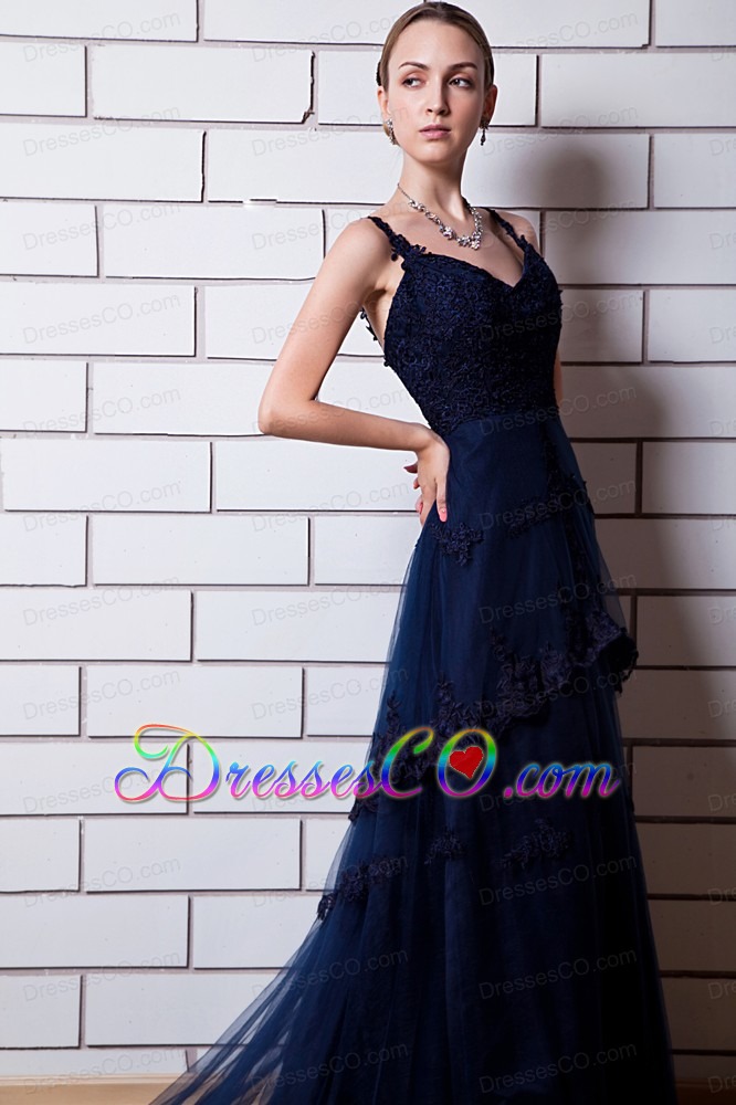Navy Blue A-line Straps Chapel Train Tulle Appliques Homecoming Dress