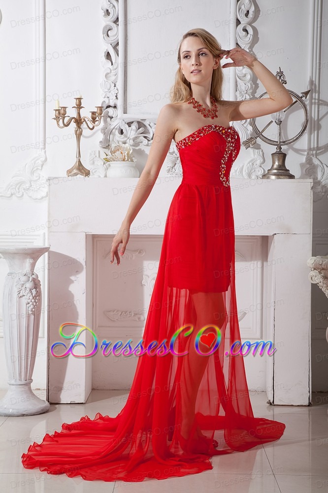 Red Column Strapless Prom / Homecoming Dress Beading High-low Chiffon