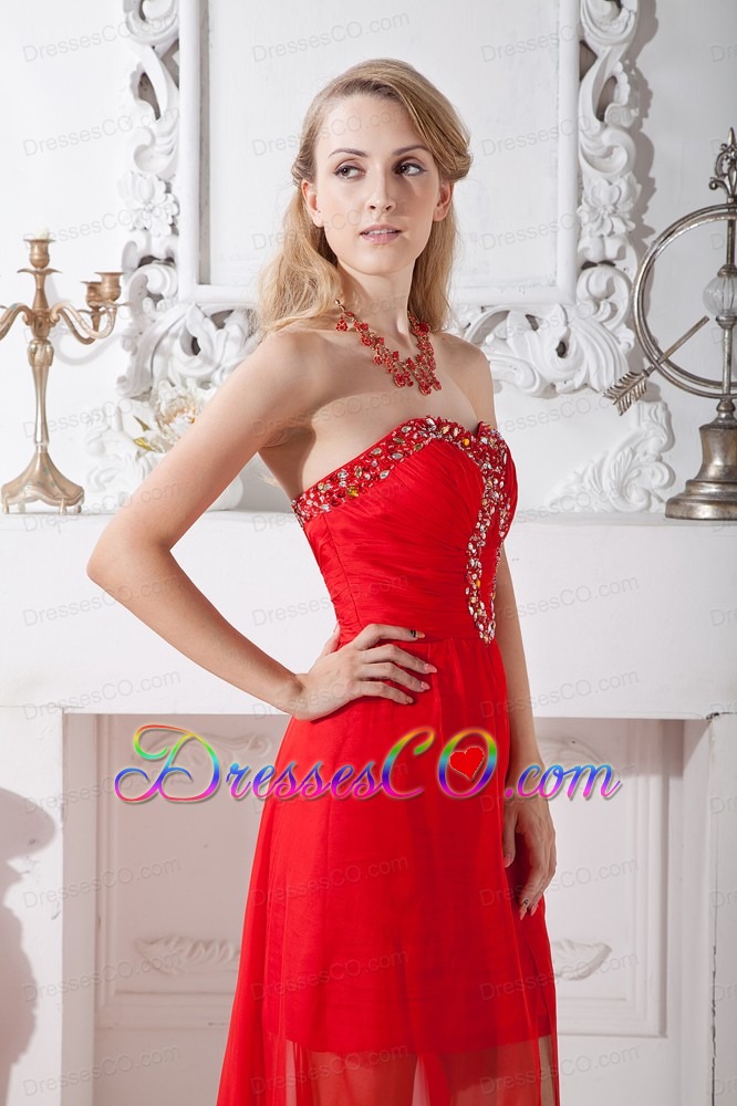 Red Column Strapless Prom / Homecoming Dress Beading High-low Chiffon