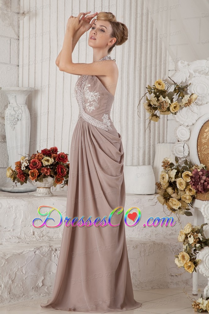 Brown Empire Halter Brush Train Chiffon Appliques and Ruching Prom Dress