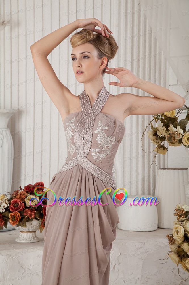 Brown Empire Halter Brush Train Chiffon Appliques and Ruching Prom Dress