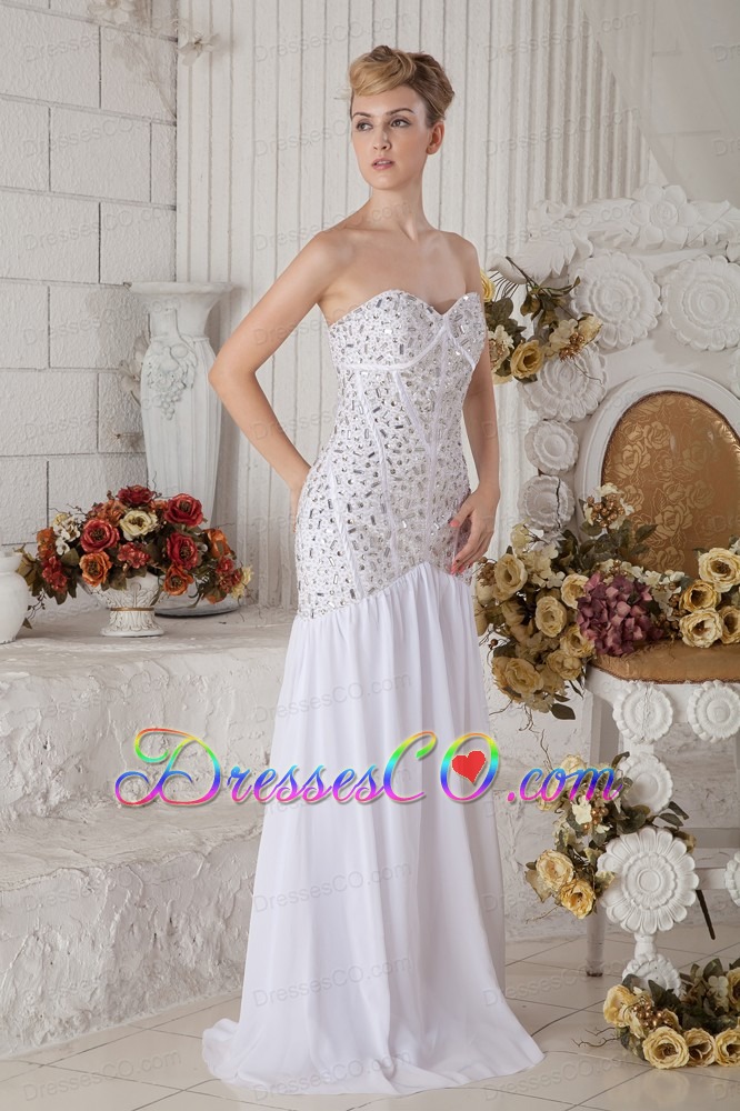 White Mermaid Prom Dress Chiffon Beading Brush Train