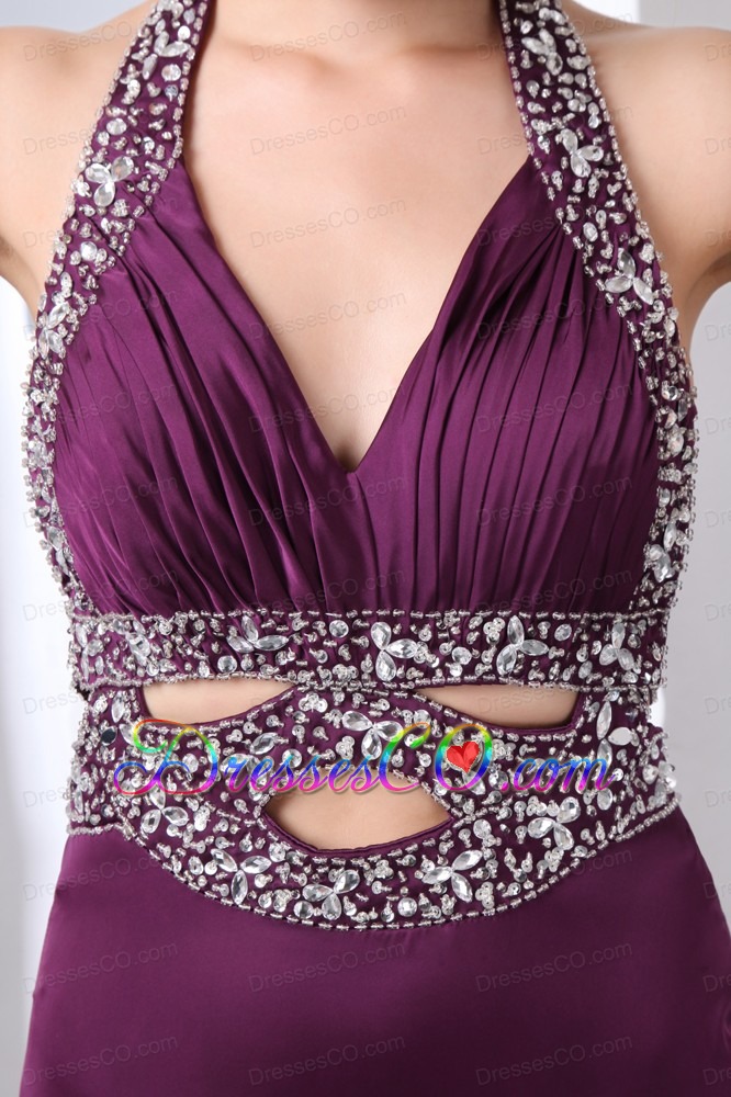 Dark Purple Prom Dress Column Halter Mini-length Taffeta Beading
