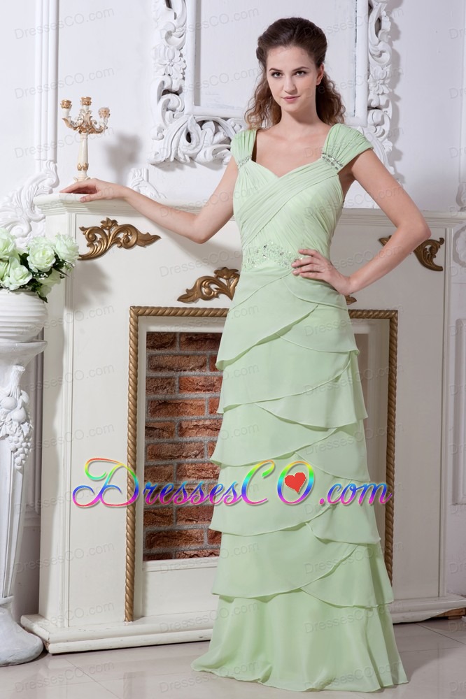 Yellow Green V-neck Straps Ruffled Layers Prom Dress