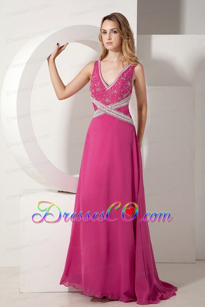 Hot Pink A-line V-neck Long Chiffon Appliques With Beading Prom Dress