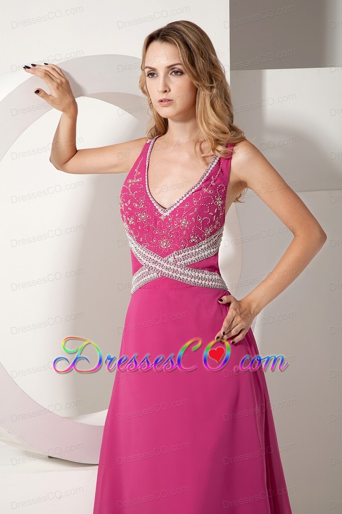 Hot Pink A-line V-neck Long Chiffon Appliques With Beading Prom Dress