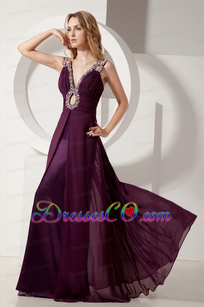 Dark Purple Prom Dress Column V-neck Long Elastic Woven Satin And Chiffon Beading