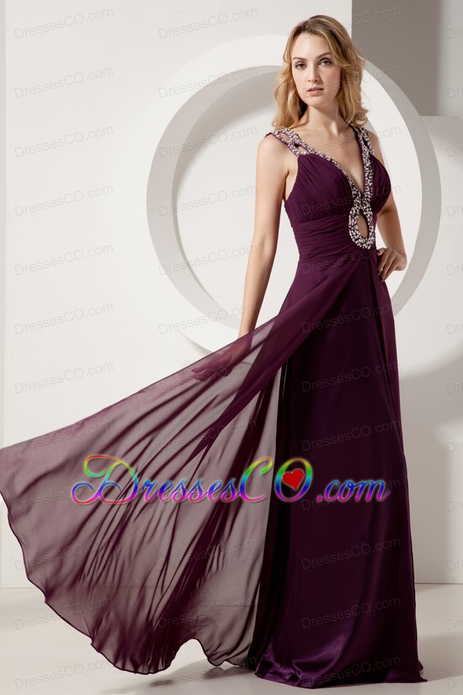 Dark Purple Prom Dress Column V-neck Long Elastic Woven Satin And Chiffon Beading