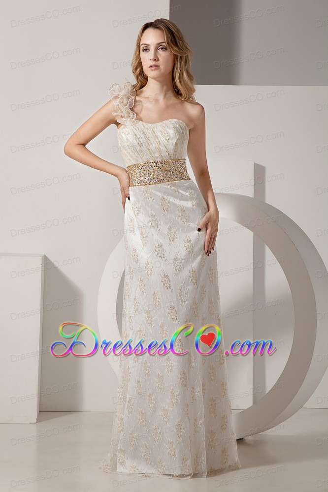 White Column One Shoulder Long Taffeta And Lace Beading Prom Dress