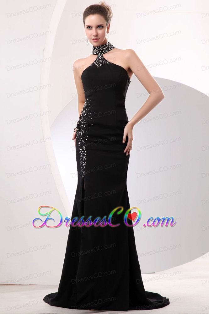 Sexy Black Mermaid High-neck Prom / Evening Dress Brush Train Taffeta Beading