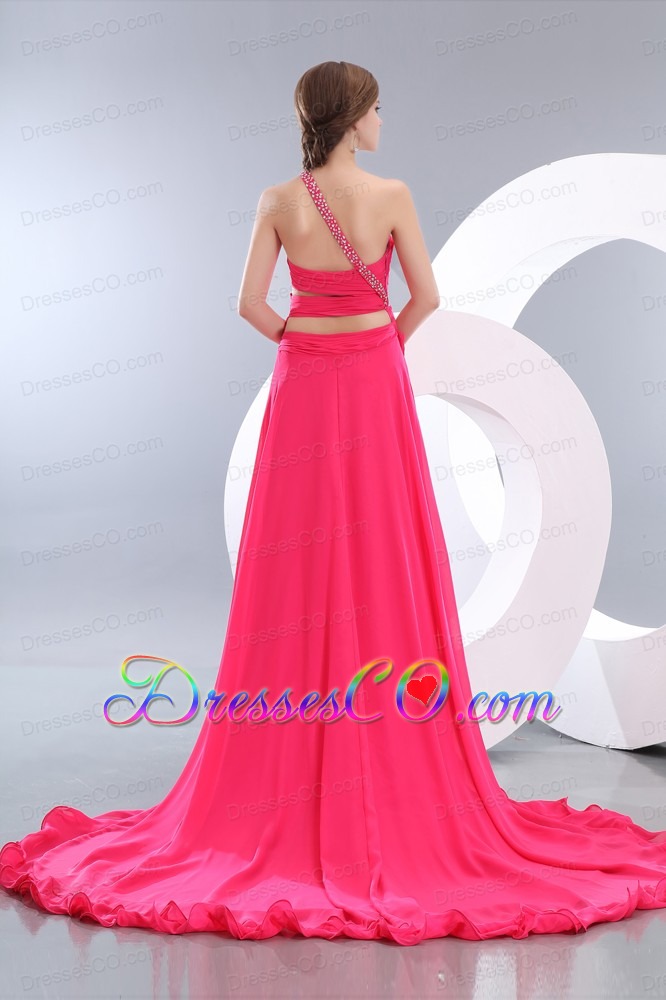 Sexy Hot Pink Empire High-low Prom Dress One Shoulder Chiffon Beading