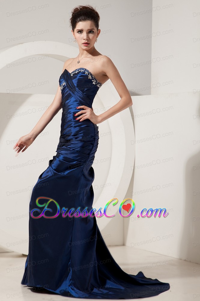 Beautiful Navy Blue Mermaid Prom Dress Brush Train Taffeta Beading