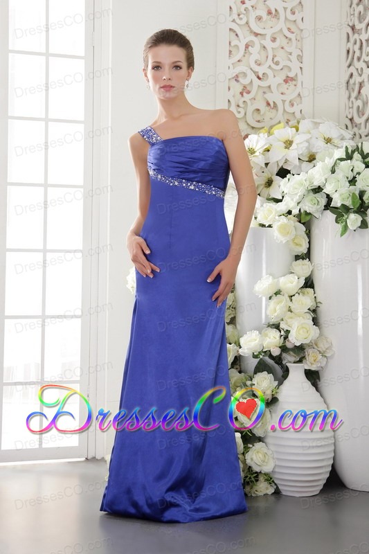 Blue Column / Sheath One Shoulder Long Satin Beading Prom / Evening Dress
