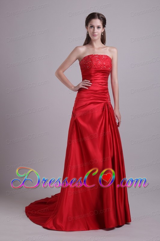 Red Empire Strapless Court Train Taffeta Beading and Ruch Prom/Evening Dress
