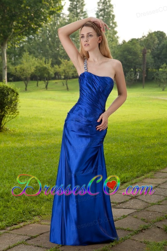 Blue Column One Shoulder Long Taffeta Beading Prom Dress