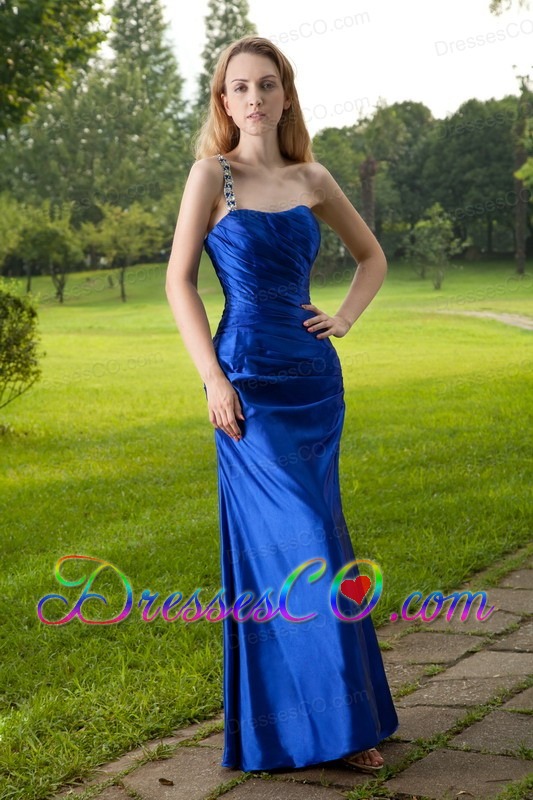 Blue Column One Shoulder Long Taffeta Beading Prom Dress