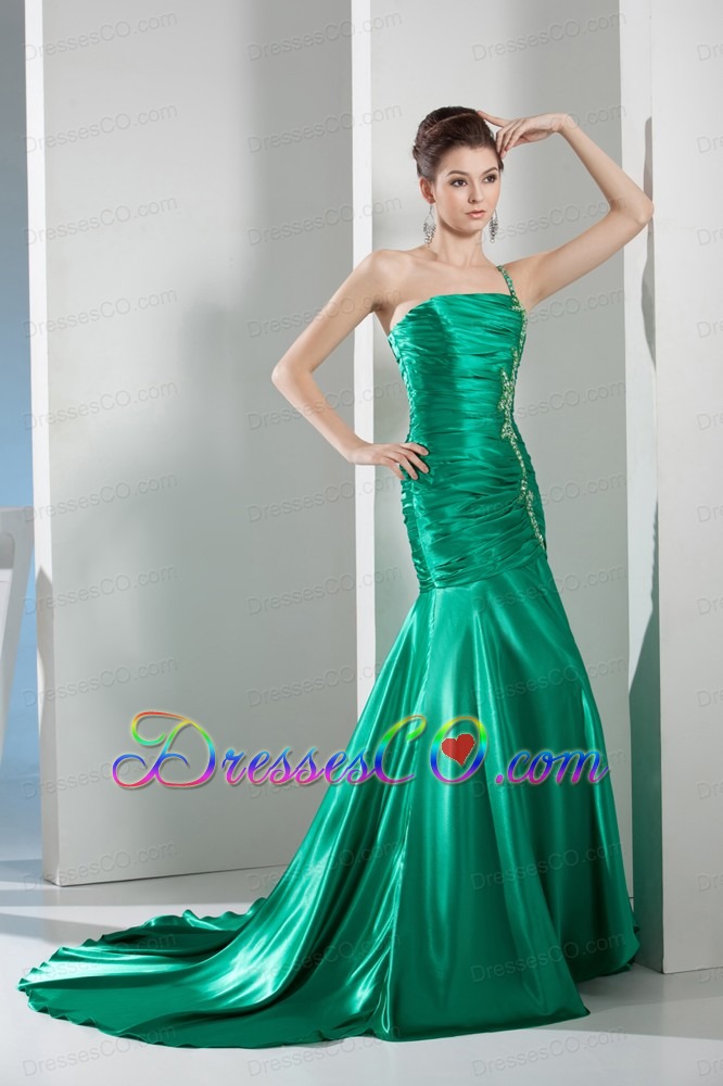 Beading Mermaid Green Court Train One Shoulder Prom Dress