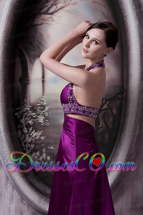 Pretty Eggplant Purple Column Halter Prom Dress Silk Like Satin Beading Court Train