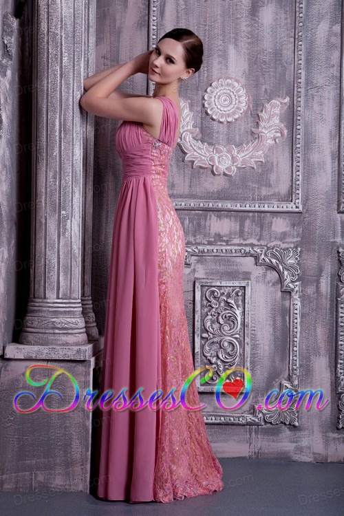 Exclusive Rose Pink Column Prom Dress One Shoulder Beading Chiffon Long