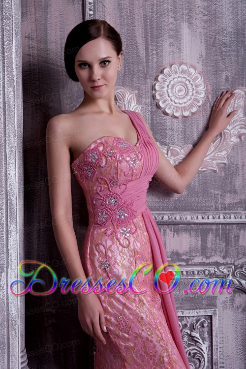 Exclusive Rose Pink Column Prom Dress One Shoulder Beading Chiffon Long
