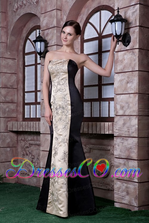 Low Price Black And Champagne Evening Dress Mermaid Strapless Embroidery Satin Long