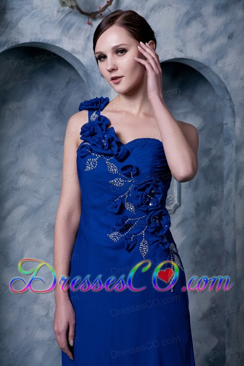 Sexy Royal Blue Column One Shoulder Prom Dress Hand Made Flower and Beading Chiffon Brush Train