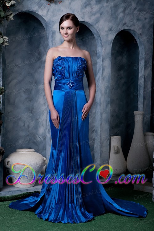 Unique Royal Blue Column Prom Dress Strapless Appliques With Beading Watteau Train Silk Like Satin