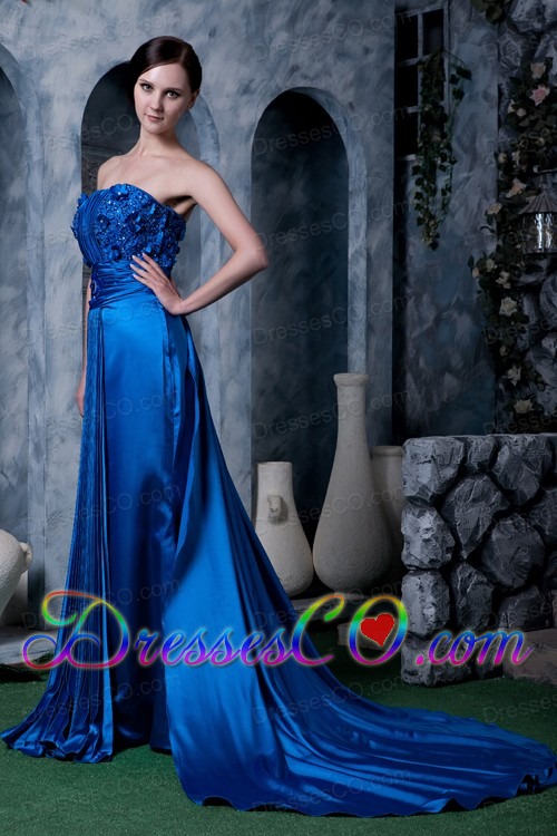 Unique Royal Blue Column Prom Dress Strapless Appliques With Beading Watteau Train Silk Like Satin