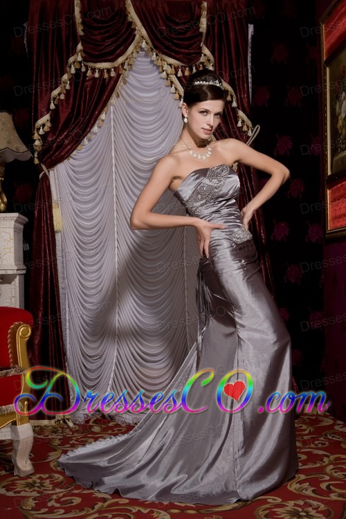 Modest Grey Column Strapless Prom / Evening Dress Elastic Woven Satin Beading Brush Train