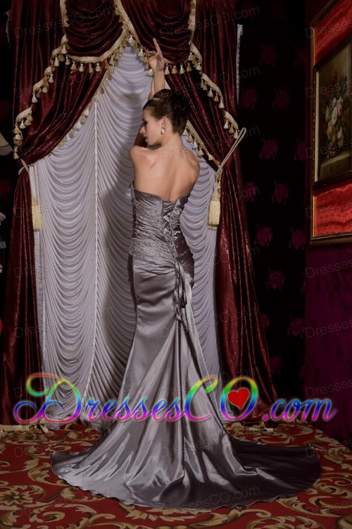 Modest Grey Column Strapless Prom / Evening Dress Elastic Woven Satin Beading Brush Train