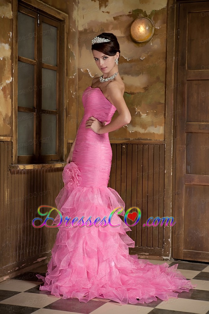 Rose Pink Mermaid Brush Train Organza Hand Made Flower and Ruffles Prom Dress