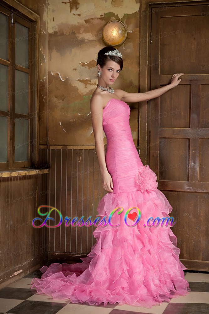 Rose Pink Mermaid Brush Train Organza Hand Made Flower and Ruffles Prom Dress