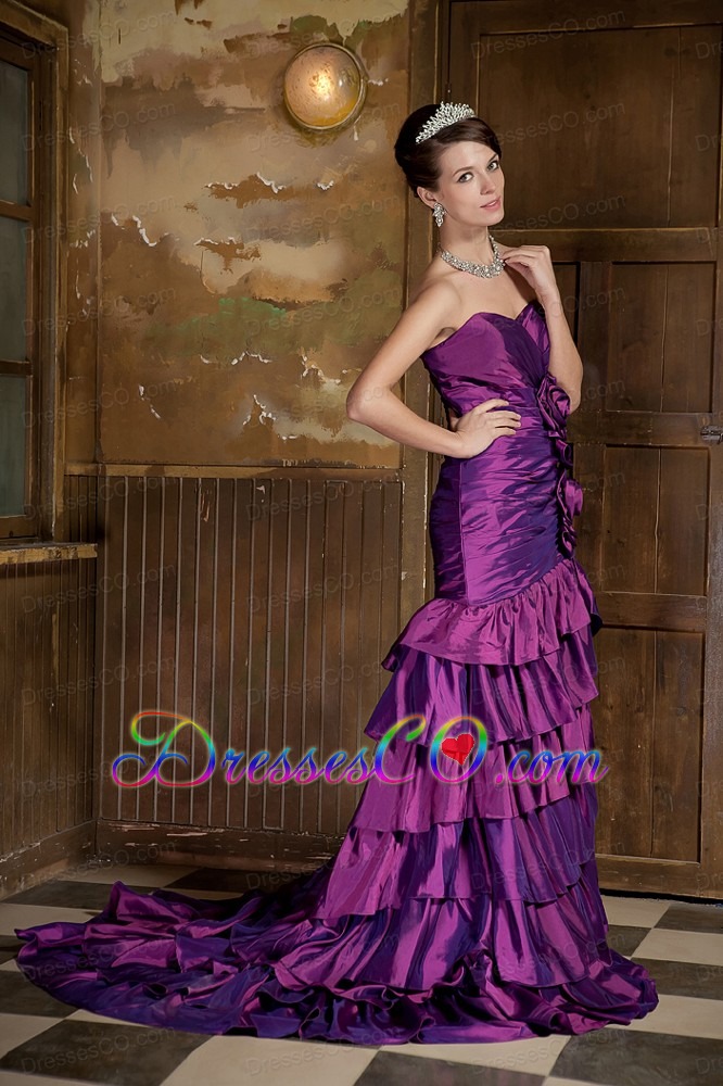 Purple Mermaid Brush Train Taffeta Hand Made Flowers Prom Dress