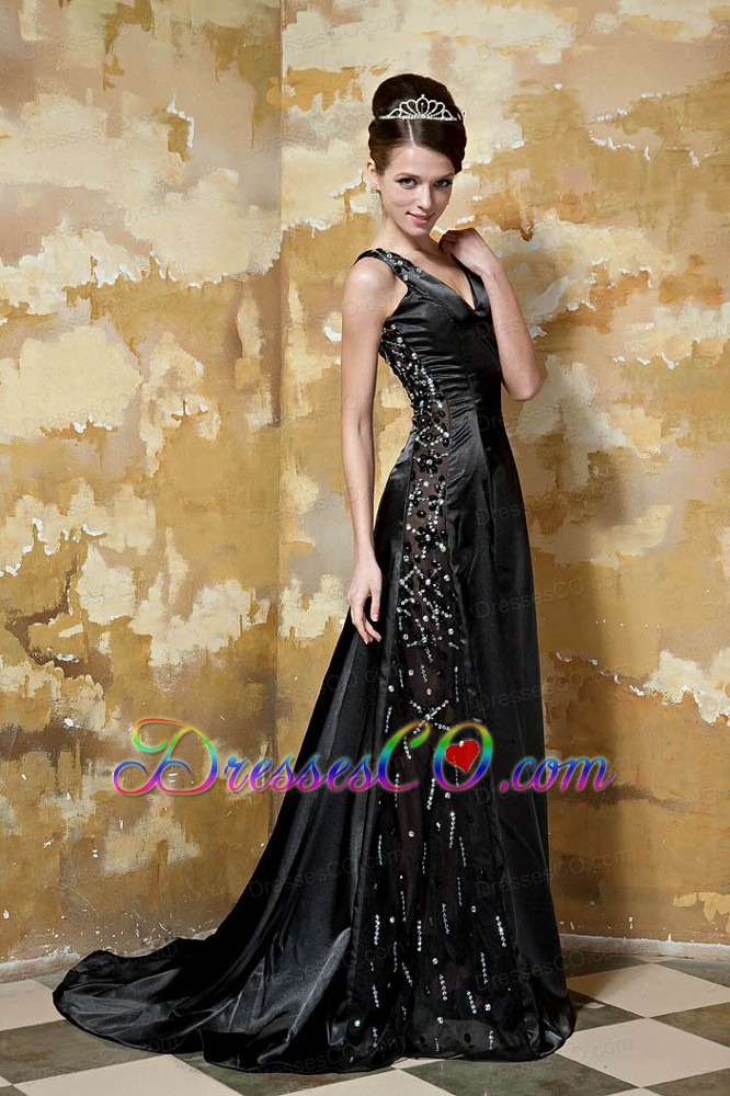 Black Column V-neck Brush Train Taffeta Sequins Prom Dress