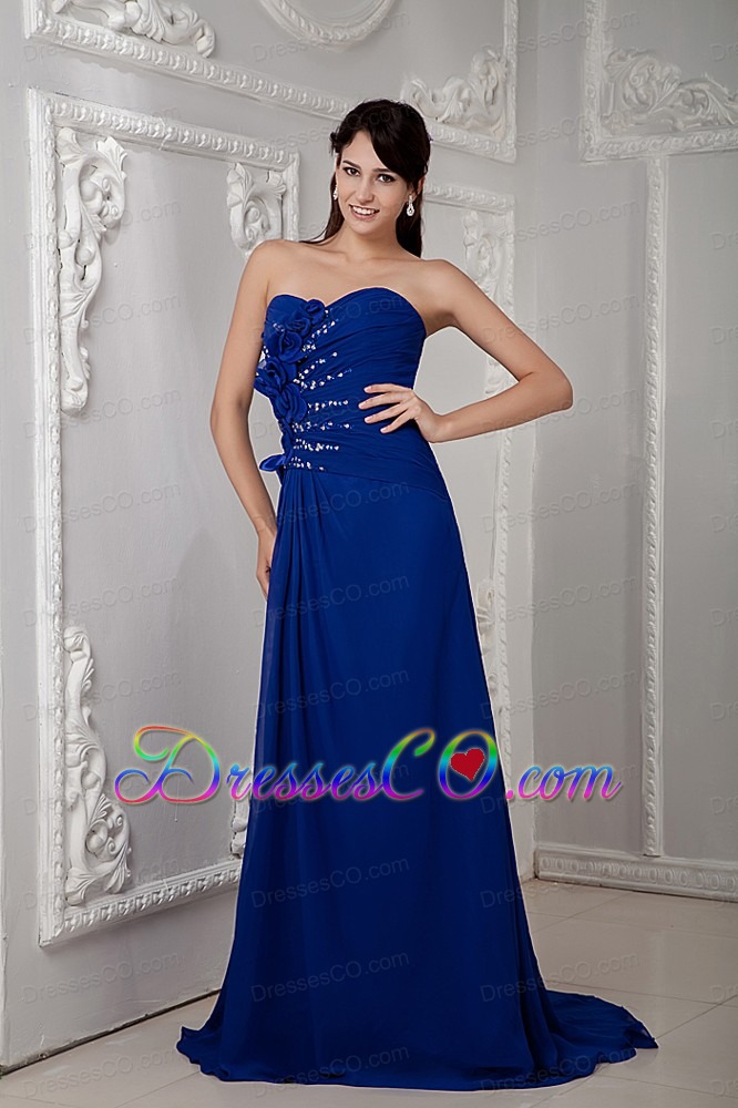 Luxurious Royal Blue Prom Dress Empire Beading Brush Train Chiffon