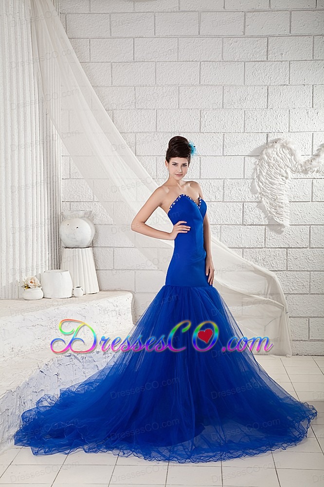 Special Royal Blue Mermaid Prom Dress Tulle and Satin Beading Chapel Train