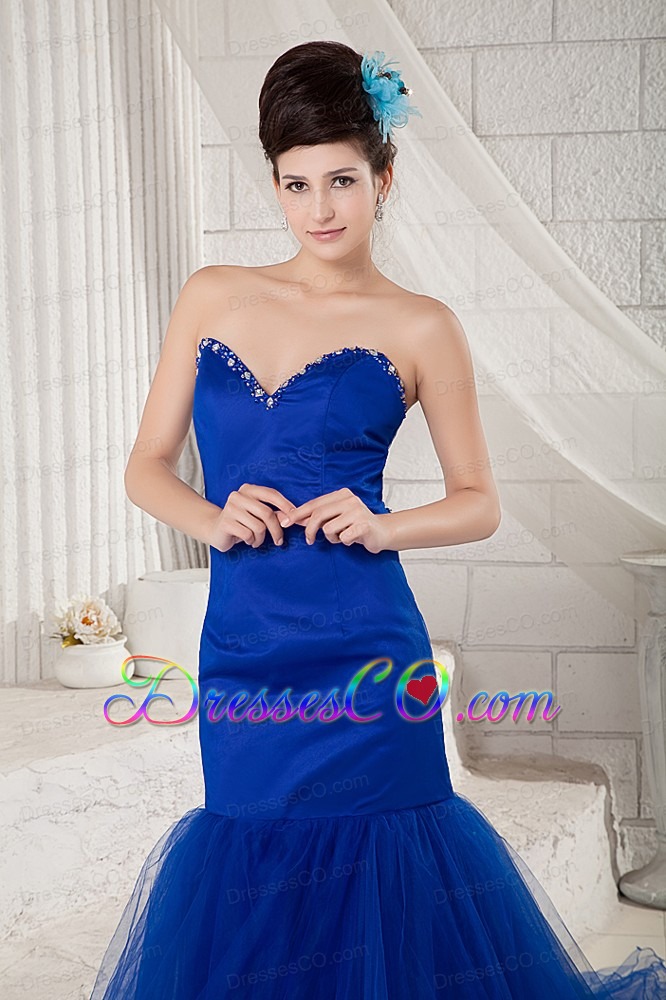 Special Royal Blue Mermaid Prom Dress Tulle and Satin Beading Chapel Train