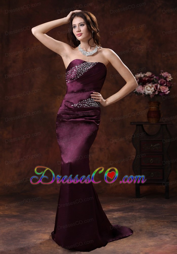 Dark Purple Beaded Decorate On Satin Mermaid Mother Of The Bride Dress With Brush Train