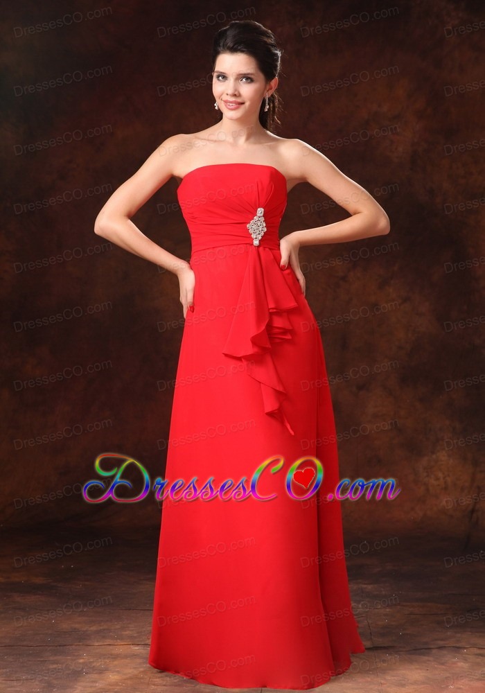 Strapless Red Empire Chiffon Prom Gowns With Beading Long For Customize
