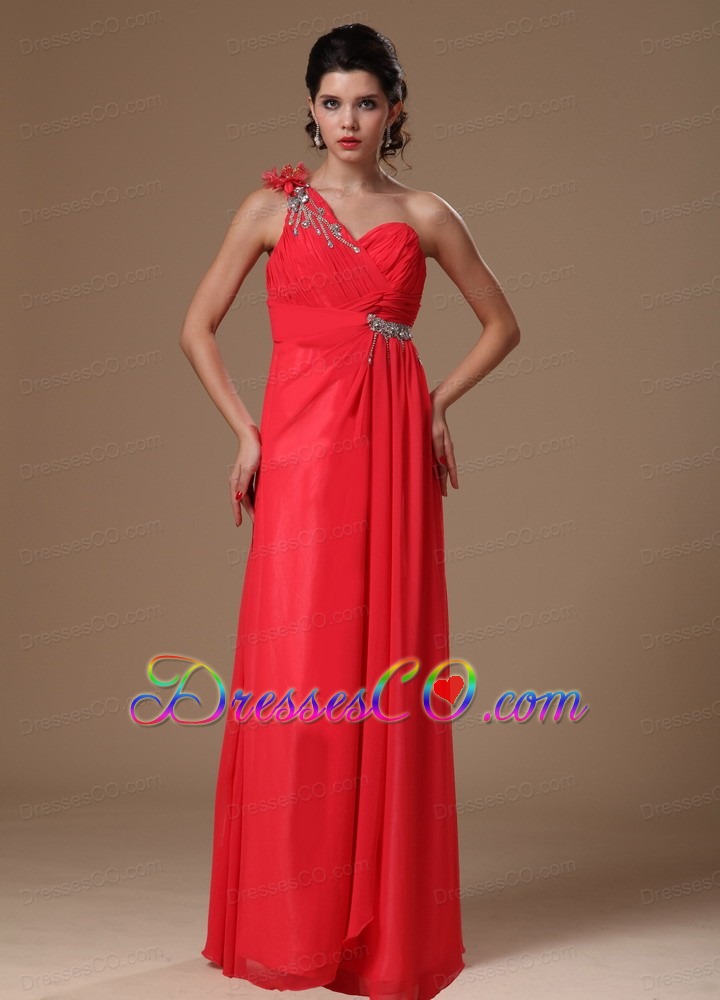 Coral Red One Shoulder Long Empire Chiffon Beaded Decorate Shoulder Prom Dress For Custom Made