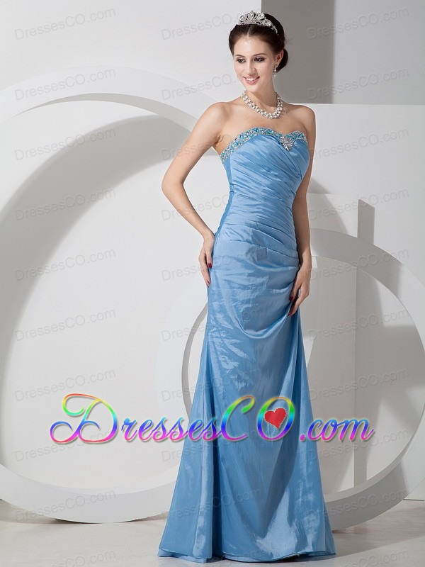 Baby Blue Column Long Taffeta Beading And Ruching Prom Dress