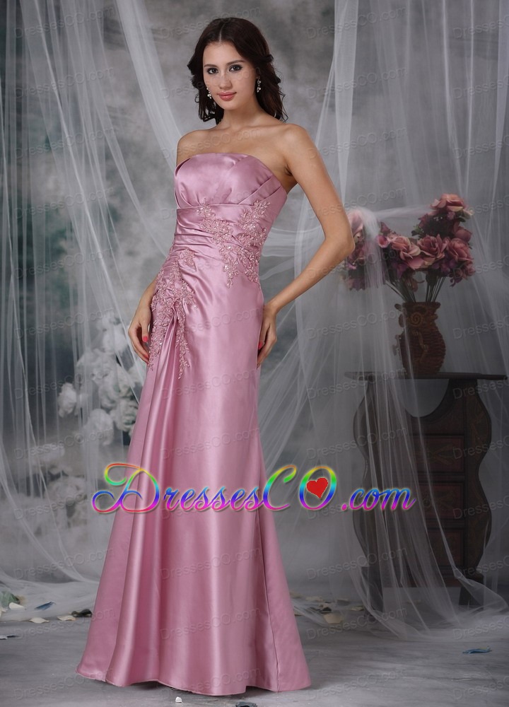 Rose Pink Column Strapless Long Appliques Taffeta Prom Dress