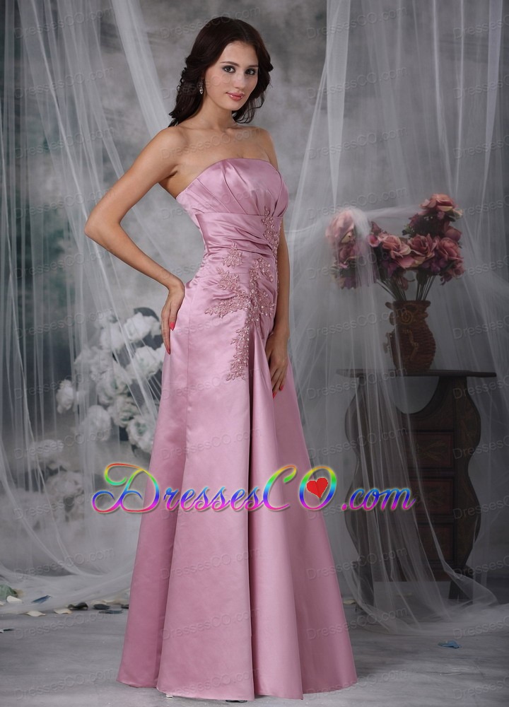 Rose Pink Column Strapless Long Appliques Taffeta Prom Dress