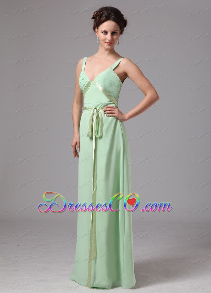 Apple Green Sash V-neck Straps Chiffon Prom Dress For Custom Made