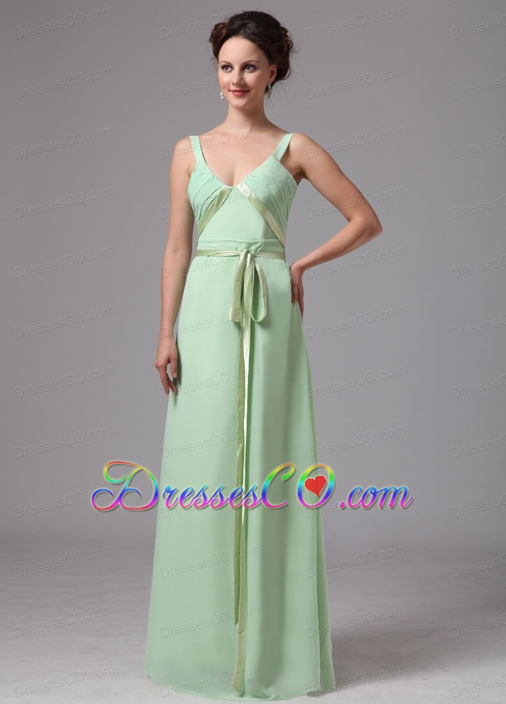 Apple Green Sash V-neck Straps Chiffon Prom Dress For Custom Made