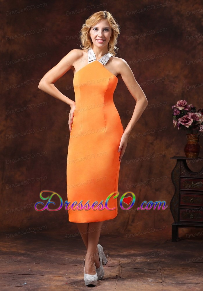 Orange Halter Neckline Satin Dama DressFor Quinceanera With Tea-length