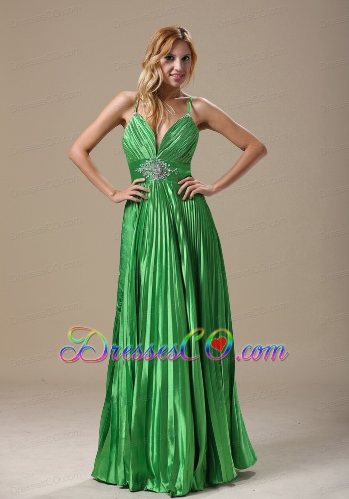 Beaded Decorate Waist Pleat Decorate Bodice Spring Green Spaghetti Straps Long Prom / Evening Dress