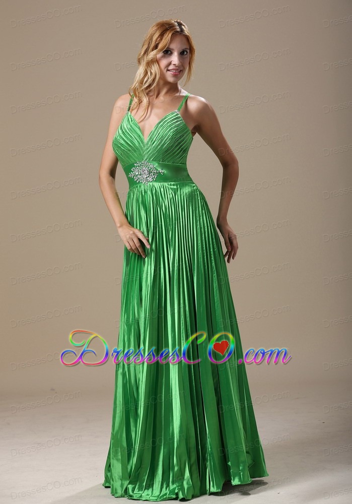 Beaded Decorate Waist Pleat Decorate Bodice Spring Green Spaghetti Straps Long Prom / Evening Dress