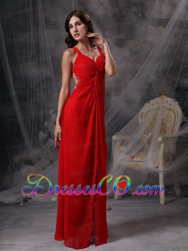 Discount Red Empire Straps Prom / Celebrity Dress Chiffon Beading and Ruching
