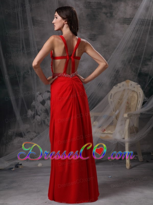 Discount Red Empire Straps Prom / Celebrity Dress Chiffon Beading and Ruching